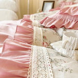 Egyptian Cotton Flowers Printng Bedding Set Luxury Pink Princess Lace Quilt Pillowcases Home Textile