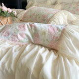 3/4Pcs Rose Flower Print Bedding Set Korean Style Luxury Princess Lace Duvet Cover Bed Skirt Pillowcase 100% Cotton Home Textile