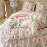 Three-layer Floral Embroidered Lace Ruffles 1000TC Egyptian Cotton Bedding Set Duvet Cover Flat/Fitted Bed Sheet Pillowcase 4Pcs