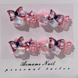10pcs Sweet Pink Plaid Press on Nails Heart Butterfly False Nails French Bowknot Nail Cute Coffin Handmade Fake Nails for Girls