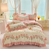 Fashion Flower Bedding Set Bed Sheet Cute Princess AB Double Sided Ruffle Flower Quilt Cover Pillowcase Bedclothes Home Textiles