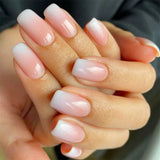 24Pcs Simple French Fake Nail with Gradient White Design Short Square Head False Nails Wearable Finished Manicure Press on Nails