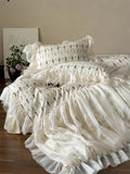 4Pcs Vintage French Pure Cotton Rose Print Pleated Lace Ruffles Bedding Set Queen King Size Duvet Cover Set Bed Sheet Pillowcase