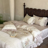 4Pcs Lyocell Soft Silky Cooling Vintage Lace Ruffles Floral Prints Bedding Set Duvet Cover Bed Sheet/Fitted Sheet Pillowcases