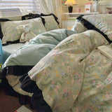 Korean Princess Style 4Pcs Floral Ruffles Bedding Set Single Queen Size Soft Skin-friendly Washed Cotton Duvet Cover Pillowcase