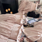 Vintage Rose Oil Painting Style Ruffles Egyptian Cotton Bedding Set Duvet Cover Bed Sheet/Bed Skirt/Fitted Sheet Pillowcase 4Pcs