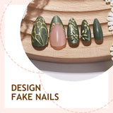 3D Flower Acrylic Fake Nail Press on Nails Glossy Green Glitter Stick on Fingernail French Tips Medium Almond False Nails 24Pcs
