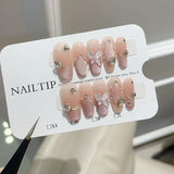 10Pcs Glitter Handmade Press on Nails Full Cover Cat Eye Butterfly Design Pearl Rhinestone French Ballet Artificial False Nails