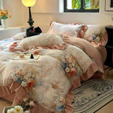 100% Cotton Korean Princess Style Flower Print Ruffles Bedding Set Queen Size Duvet Cover Flat/Fitted Bed Sheet Pillowcases 4Pcs