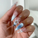 24pcs Long Almond Stiletto Fake Nails Press on Gradient Blue Nails Rhinestone Flower Pearl Design False Nail Wearable Manicure
