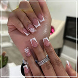24Pcs White Fake Nails Press on Nails French Pink Bow Design Gentle Flower Acrylic False Nail with Jelly Glue Wearable Manicure