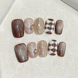 10Pcs Cute Autumn-winter Handmade Press on Nails Full Cover Shiny Cat Eye Lozenge French Ballet Fake Nails Wearable Manicure Art