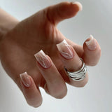 24pcs Short Ballerina False Nails Glitter Black Stripe French Press on Nails Short Wearable Fake Nails Full Cover Manicure Tips