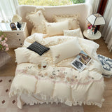 Premium Egyptian Cotton Flowers Embroidery Lace Ruffles Princess Bedding Set Duvet Cover Set Flat/Fitted Sheet Pillowcases 4Pcs