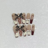 10Pcs Handmade Press on Nails Long Coffin Love Rhinestone Bow Design Fake Nails French Ballerina Wearable Full Cover Nail Tips