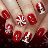 24pcs Christmas Square False Nails Gilded Lines White Short Ballet Press on Nails Tips Reusable Snowflake Pearl Design Fake Nail