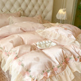 4Pcs Pure Cotton French Flowers Lace Ruffles Princess Wedding Bedding Set Duvet Cover Quilted Bedspread Bed Skirt Pillowcases