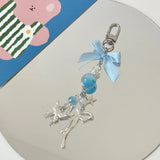 Blue Bow Knot Butterfly Beaded Charm Phone Pendant Crystal Wristband Keychain Bracelet Lanyard Cord