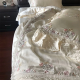 800TC Lyocell Bamboo Fiber Soft Silky Bedding Set Rose Floral Embroidery Lace Ruffles Duvet Cover Flat/Fitted Sheet Pillowcases