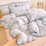 Heart Print Duvet Cover Set Princess Style Lace Ruffles Bedding Set Queen King Skin Friendly Soft Quilt Cover Sheet Pillowcases