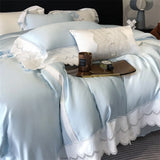 4Pcs Pink Princess Lace Edge Lyocell Eucalyptus Fiber Soft Silky Bedding Set Duvet Cover Set Bed Sheet/Fitted Sheet Pillowcases