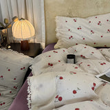 Korean Style Vintage Cherry Bedding Sets for Girls New Washed Cotton Duvet Cover With White Lace Trim Sheet Pillowcases