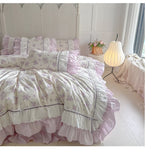 Pink Floral Double Layer Lace Ruffles 100% Cotton Bedding Set Duvet Cover Set Bed Sheet/Bed Skirt/Fitted Sheet Pillowcases 4Pcs