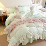 3/4Pcs French Romantic Lace Printed Ruffle Bedskirt Queen Size Quilt Cover Princess Style Boiled Cotton Double Bedding Set