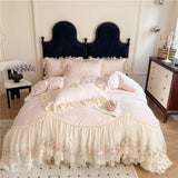 Princess Wedding Bedding Set Korean Style Lace Flowers Embroidery Duvet Cover Bed Sheet/Fitted Sheet/Bed Skirt Pillowcases 4Pcs