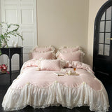 Pink Egyptian Cotton Princess Bedding Sets Luxury Chiffon Lace Embroidery Ruffles Duvet Cover Bed Sheet Pillowcases