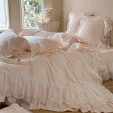 1200TC Egyptian Cotton Lace Ruffles Princess Wedding Style Pink Bedding Set Duvet Cover Flat/Fitted Bed Sheet Pillowcases 4Pcs