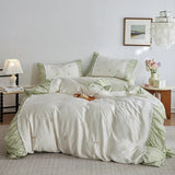 Flowers Embroidery Pleated Wide Edge Bedding Set Lyocell Soft Silky Cooling Duvet Cover Flat/Fitted Bed Sheet Pillowcases 4Pcs