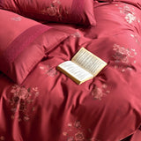1000TC Egyptian Cotton Red Vintage Rose Print Lace Wedding Bedding Set Duvet Cover Set Flat/Fitted Bed Sheet Pillowcases 4Pcs