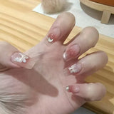 24Pcs Nude Pink Nail Tips Short Round Head False Nails with Design Wearable Finished Fake Nails Full Cover Press on Nails