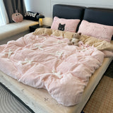 Ikeehome  Adorable  Knot Milk Velvet Four Piece Bedding Set Warm Coral Fce Bed eet Cover Duvet Cover Cute Winter Bed Linens