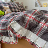 INS Girls Retro Red Grid Bedding Sets New Ruffles Lace Bed Sheet Sets Plaid Queen Size Duvet Cover Sets With Pillowcases