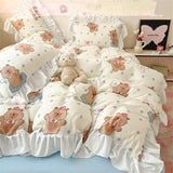 French Princess Lace Ruffles Bedding Set Washed Cotton Skin-friendly Duvet Cover Set with Sheet Soft Printed Flowers Quilt Cover
