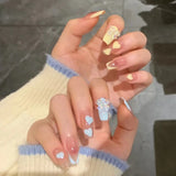 24pcs Gradient Nude Color Fake Nails Medium Coffin False Nails Ballet Heart Pink Diamond Press on Nails Cute Sweet Bowknot Nail