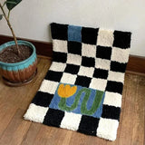 Chessboard Plaid Bath Mats Fluffy Grids Soft Floral Carpet Retro Bathroom Anti Slip Carpet Bedside Mats Ins Style Flocked Carpet