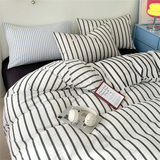 Ins Four Piece Set of Washed Cotton Striped Duvet Cover Set, Simple Bed Sheets, and a Three Piece Set for Student Dormitories