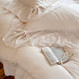 Vintage French Lace Embroidery Bedding Set 100% Cotton Wrinkled Yarn Soft Duvet Cover Set Flat/Fitted Bed Sheet Pillowcases 4Pcs