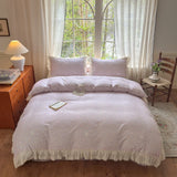 Korean Princess Style Floral Lace Ruffles Bedding Set 100% Cotton Double Yarn Duvet Cover Flat/Fitted Bed Sheet Pillowcases 4Pcs