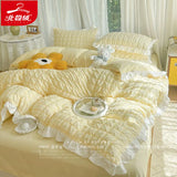 Luxury Seersucker Washed Cotton Bedding Set INS Girls Princess Bedding Set with Lace Solid color Bedclothes Sheets Pillowcase