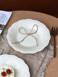 White Relief Dining Plate French Household Ceramic Round Plates Solid Color Dessert Flower Dish Simple Versatile Tableware