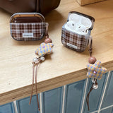 Ins Fashion Brown Grid Case For AirPods 4 ANC Pro 2 Earphone Protecitve Cover For AirPods 1 2 3 4th Soft Case with Star Keychain