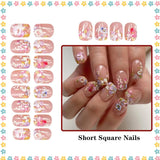 Square Press on Nails Medium Fake Nails with Flower Designs French Tip Nails Press ons Acrylic Nail Cute Spring Stick on Nail