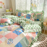 Pink Korean Princess Bedding Set No Filling Cute Strawberry Duvet Cover Checkerboard Single Queen Size Bed Linen Pillowcases