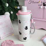 Cute Cat Bow Insulated Water Bottle With Straw Filter 500ml Stainless Steel Leak-Proof Thermos Kawaii Cat Bow Cups for Girl Kids