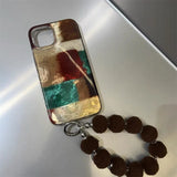 Retro brown red color blocked phone case with fur ball phone chain For iPhone 11 12 13 14 15 pro max
