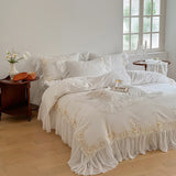 Elegant Lace Rose Embroidery Bedding Sets French Style Luxury 100% Cotton Pink Princess Ruffles Quilt Cover Bed Skirt Pillowcase